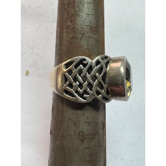 Estate Sterling Silver 925 Celtic Wide Band Ring w/ Yellow Gemstone, Size 8 - Picture 7 of 8